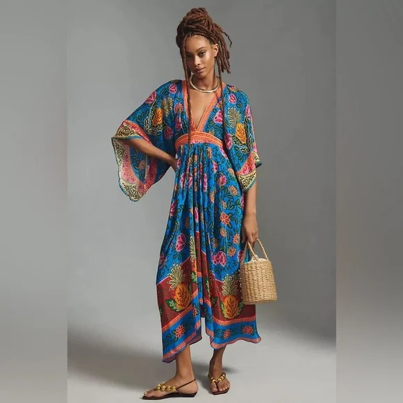 Farm Rio Blue Pineapple Garden Kaftan Maxi Dress Size XXS NWT - Picture 4 of 15